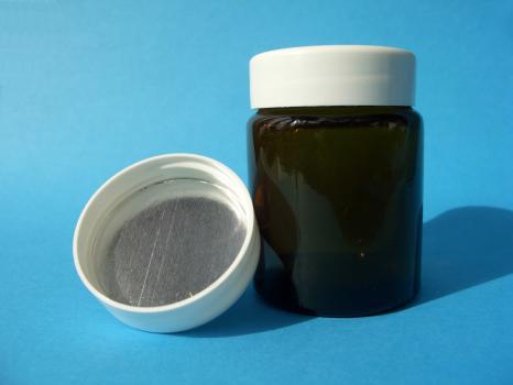 Weithalsflasche aus Braunglas 50 ml NW 39 mit Schraubkappe weiß